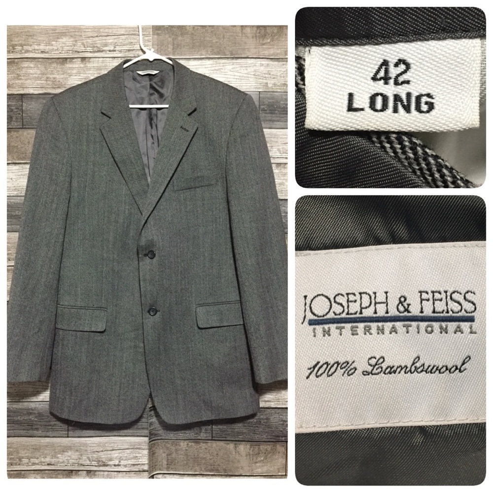 Joseph & Feiss Herringbone Blazer Men’s 42 Long Gray Lambswool 2 Button (Read)